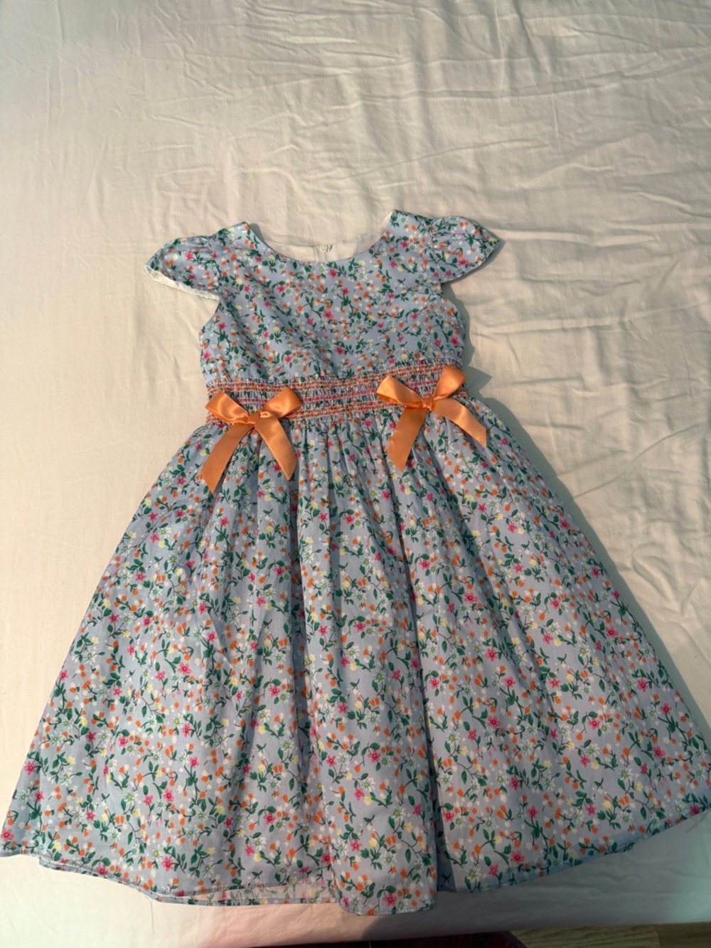 Rare Editions Light Blue Floral Dress with Orange Bows